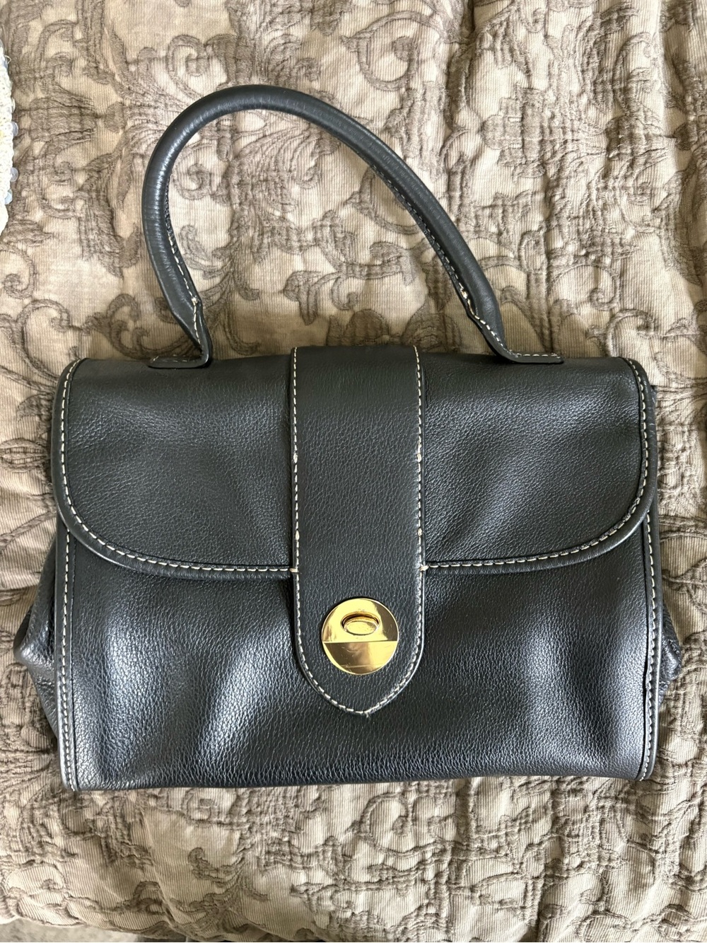 Talbots Black Leather Top-Handle Satchel with Gold Turn-Lock